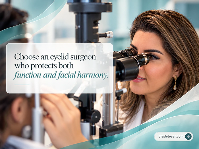 Eyelid surgeon performing an eye examination with focus on function and facial harmony