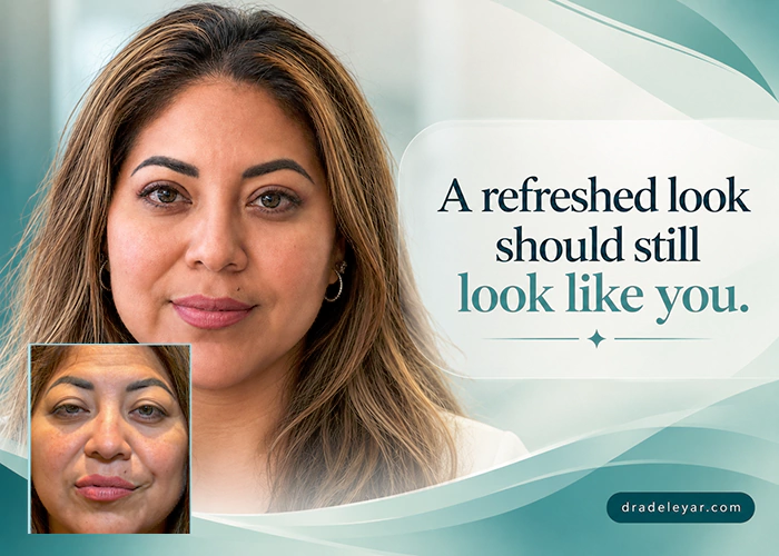 Portrait of a woman with text emphasizing a refreshed look that still looks natural