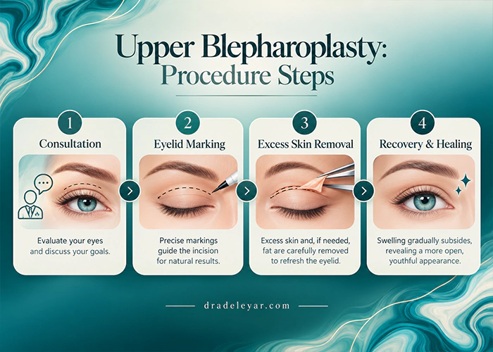 Infographic showing the main upper blepharoplasty procedure steps, including consultation, eyelid marking, excess skin removal, and recovery.