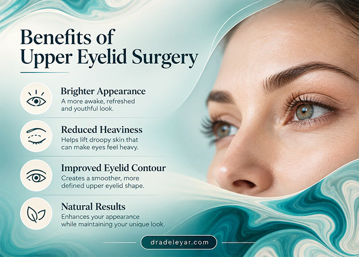 Infographic highlighting the benefits of upper eyelid surgery, including a brighter appearance, reduced heaviness, improved eyelid contour, and natural results.