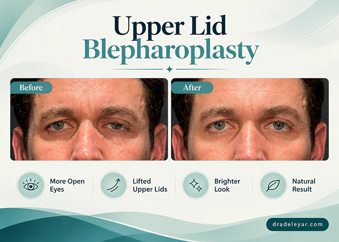 Before and after upper lid blepharoplasty results showing a more open and refreshed eye appearance