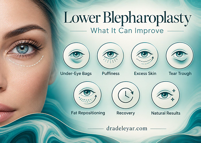 Lower blepharoplasty infographic showing under-eye concerns and treatment benefits