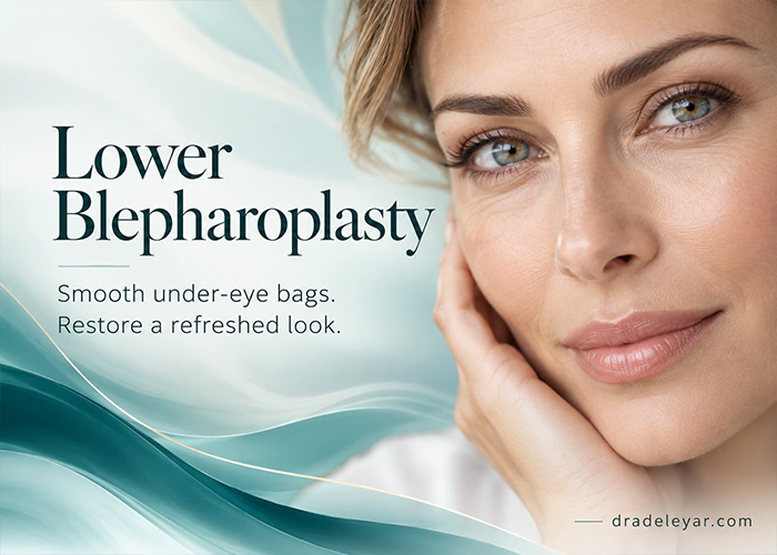 Woman with smooth under-eye area in a lower blepharoplasty banner